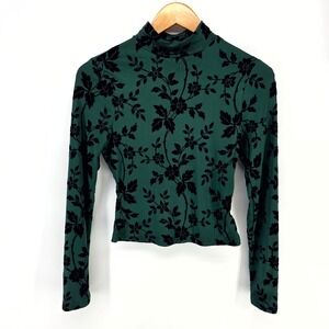 Mascomoda Mock Neck‎ Top Womens XS Green Black Flocked Velvet Floral Long Sleeve
